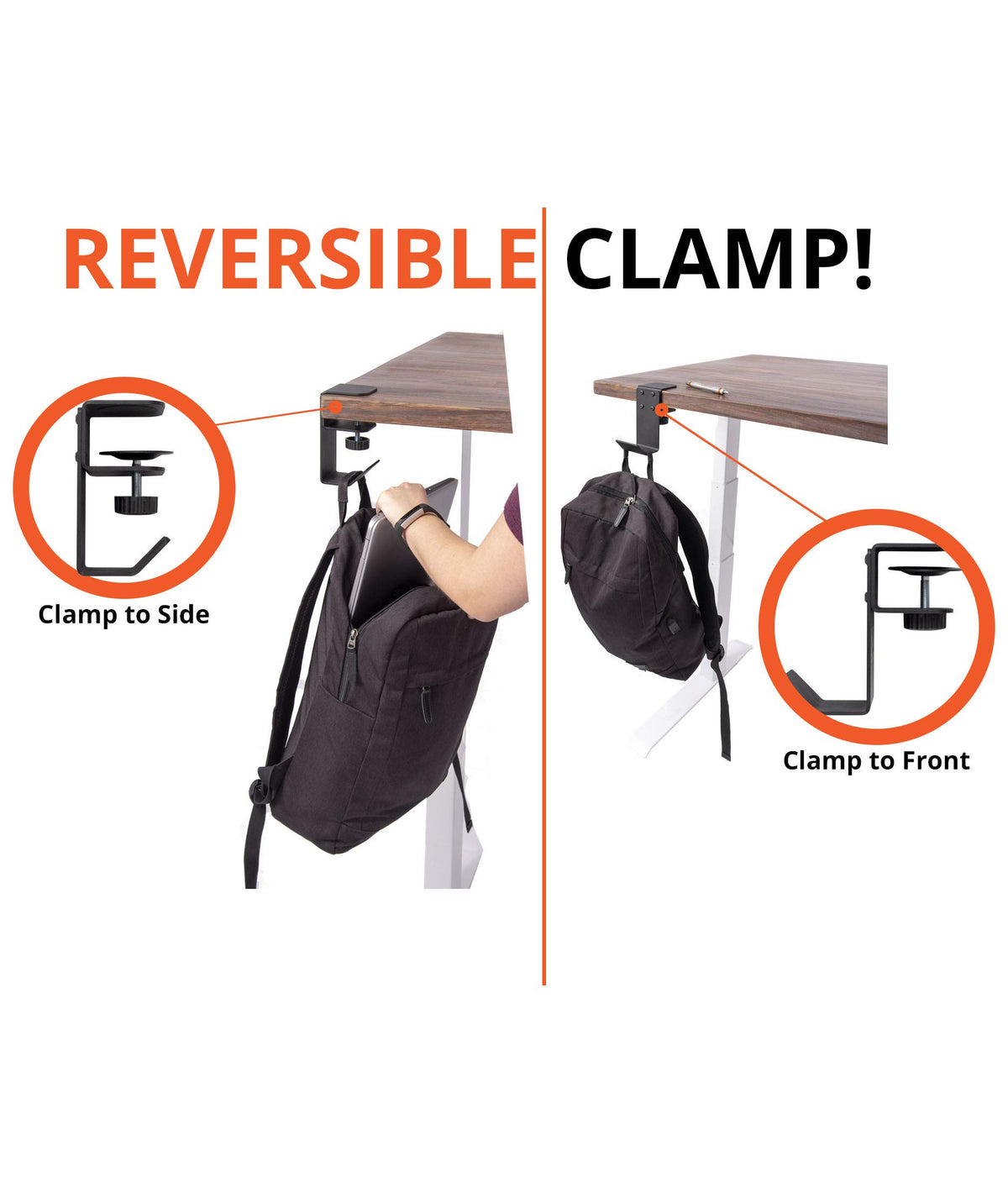 Stand Up Desk Store tool-free clamp with padding protects desk surface.