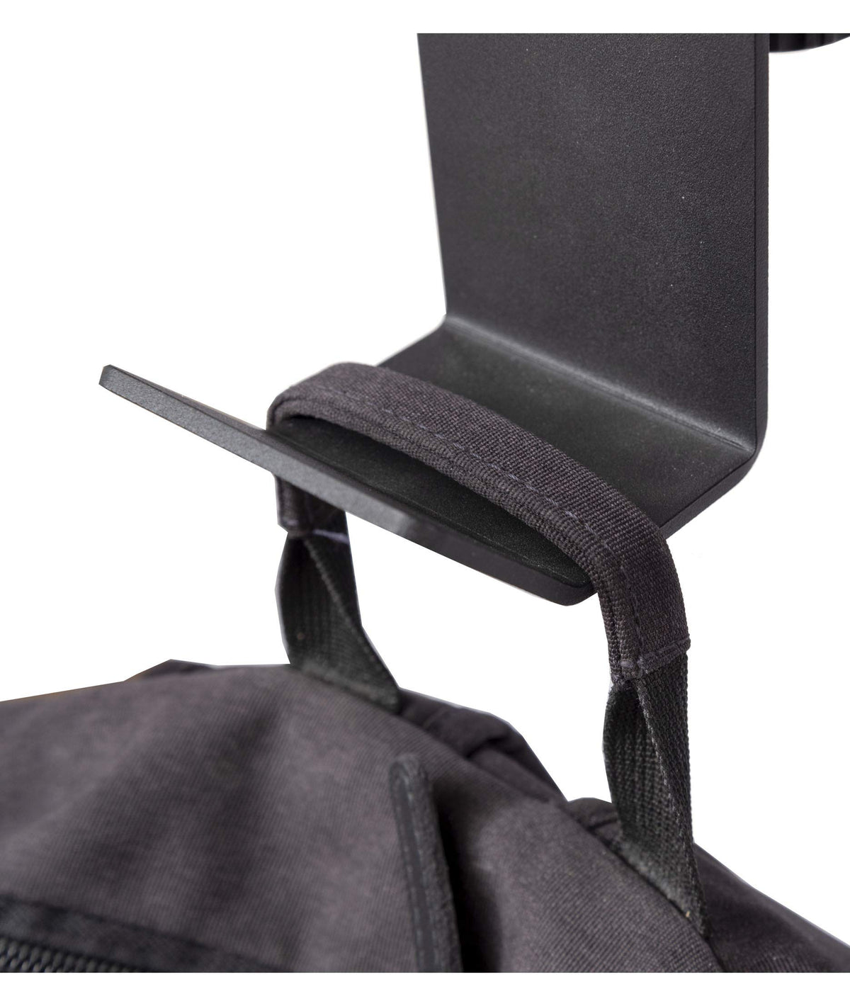 Stand Up Desk Store under-desk hook for backpacks keeps bags off the floor.