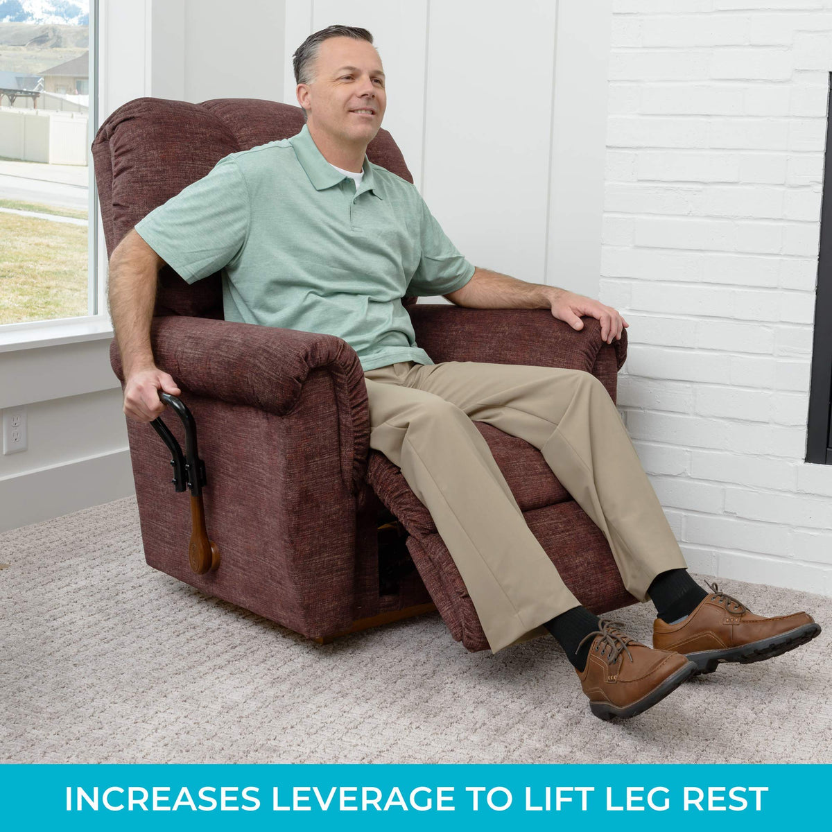 Stander lever extension attached to wooden handle increases reach