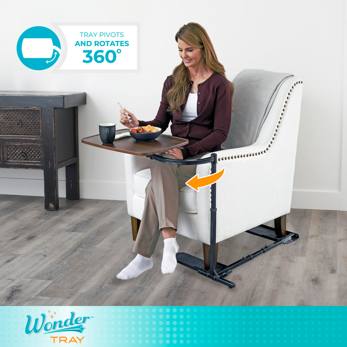 Curved-arm design wraps around the chair to stabilize placement.