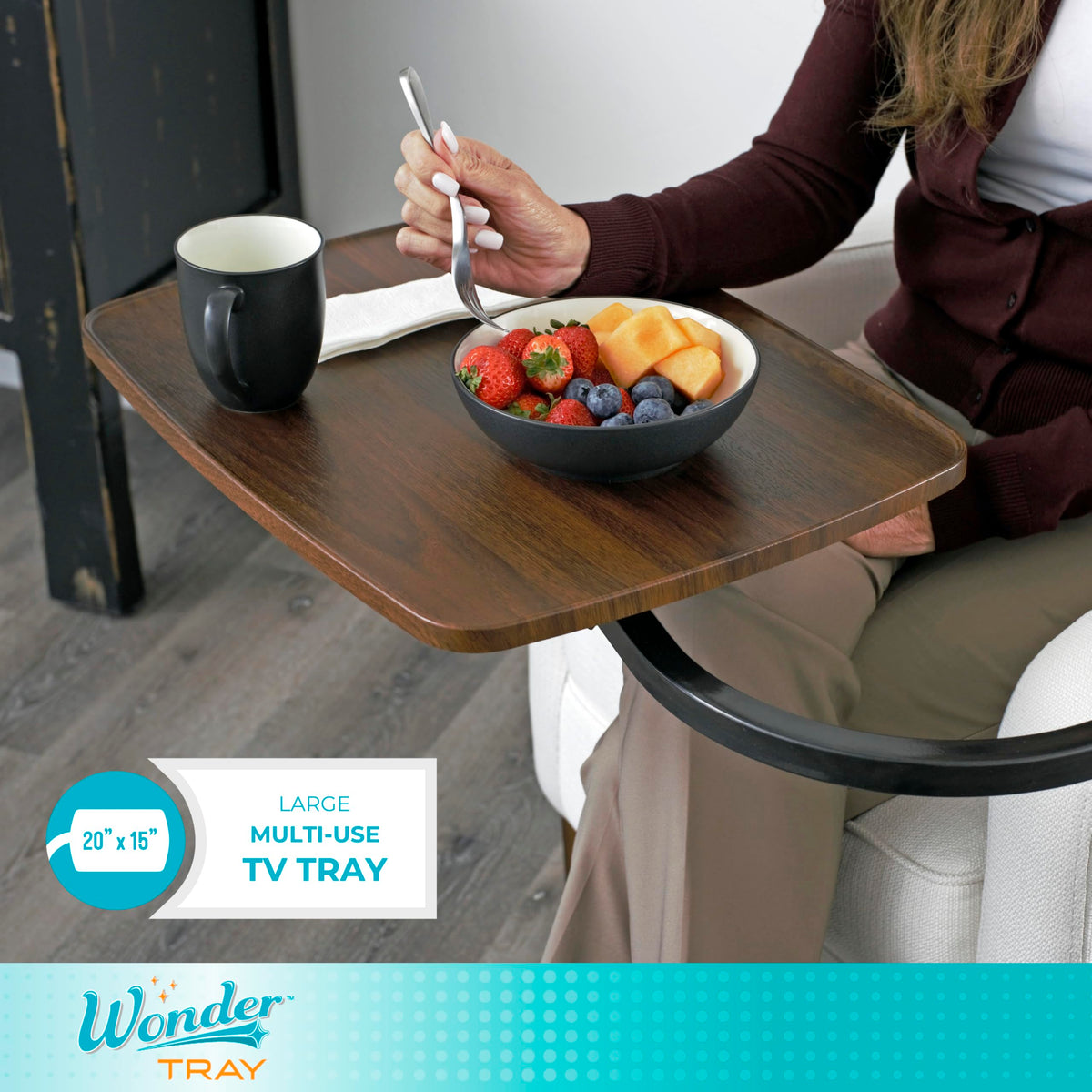 Walnut tray with black base on Stander Wonder Tray for a stylish look.