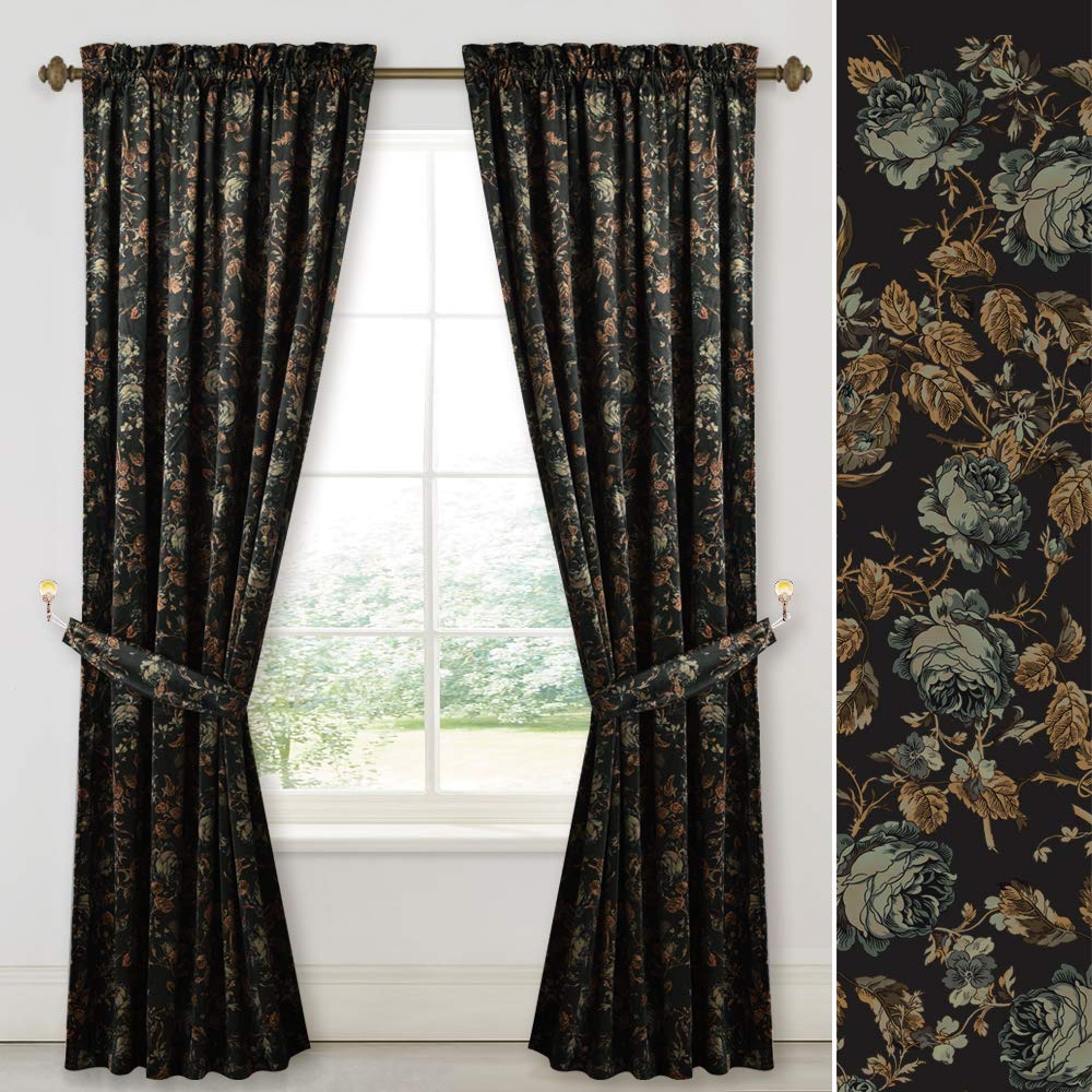StangH black velvet curtains full view with luxurious drape and bold floral motif.