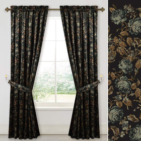 StangH black velvet curtains full view with luxurious drape and bold floral motif.