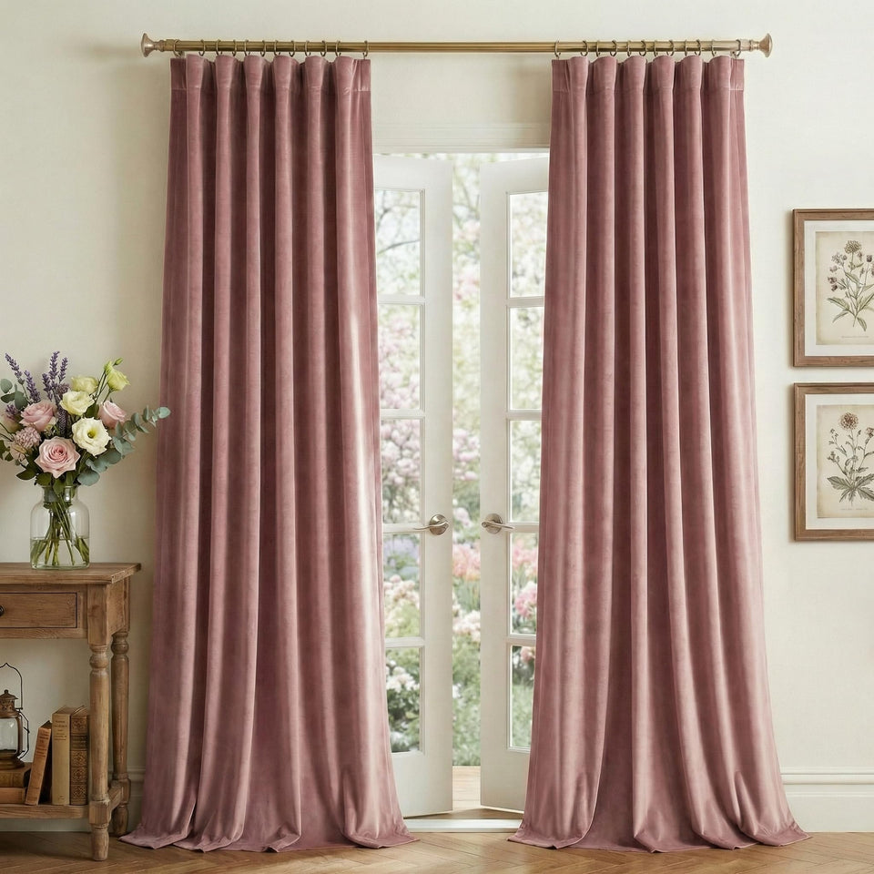 StangH Dusty Rose velvet curtains with soft light diffusion for a cozy nursery.