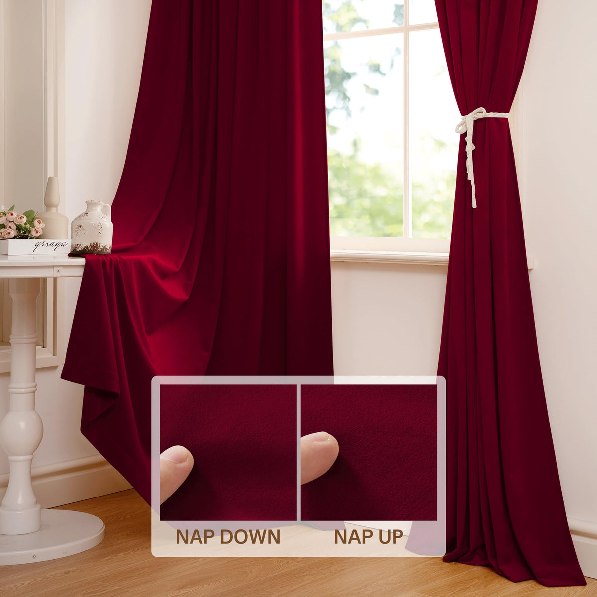 StangH noise-reducing velvet curtains help soften daytime glare.