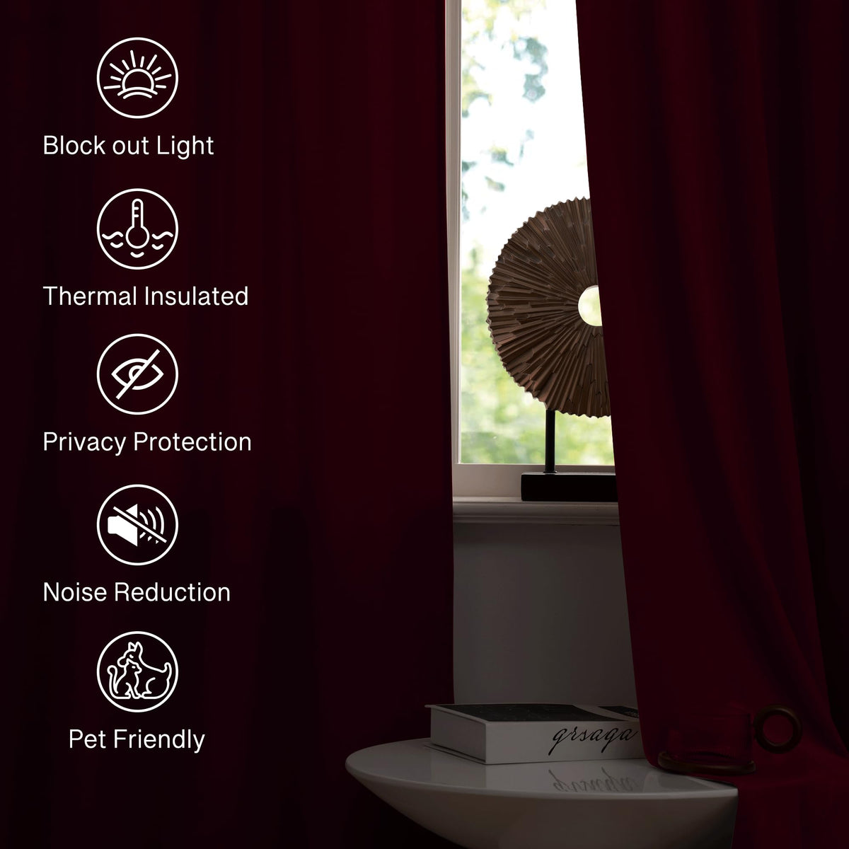 StangH rich red velvet curtains create a luxurious living-room focal point.