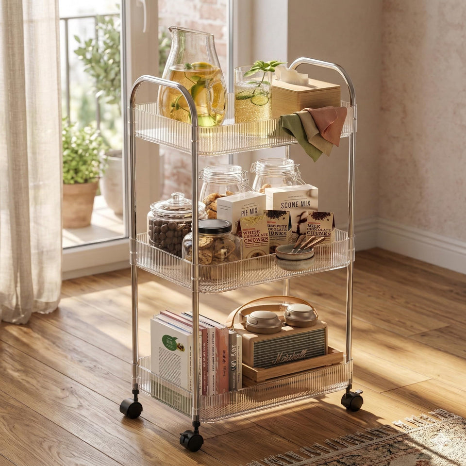 STARLATTA 3-tier rolling cart in clear acrylic showing space-saving design for compact kitchens