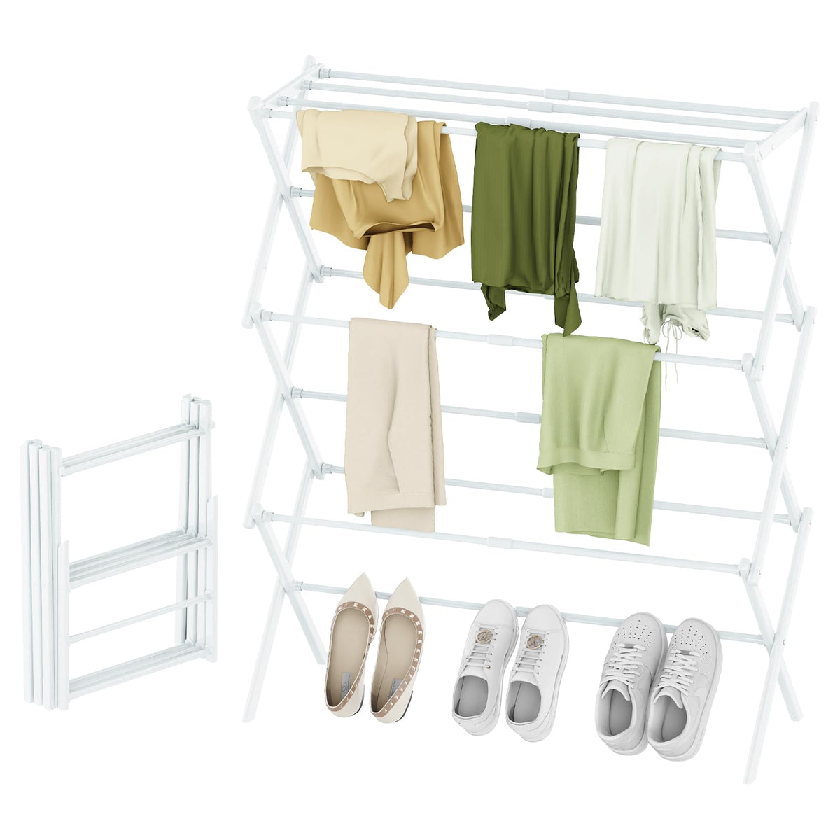 STARLATTA foldable 3-tier drying rack showing compact, portable storage benefits.