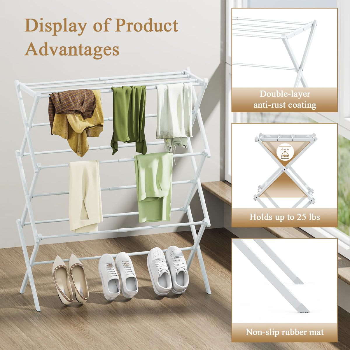 STARLATTA portable 3-tier rack demonstrated in a small apartment space.