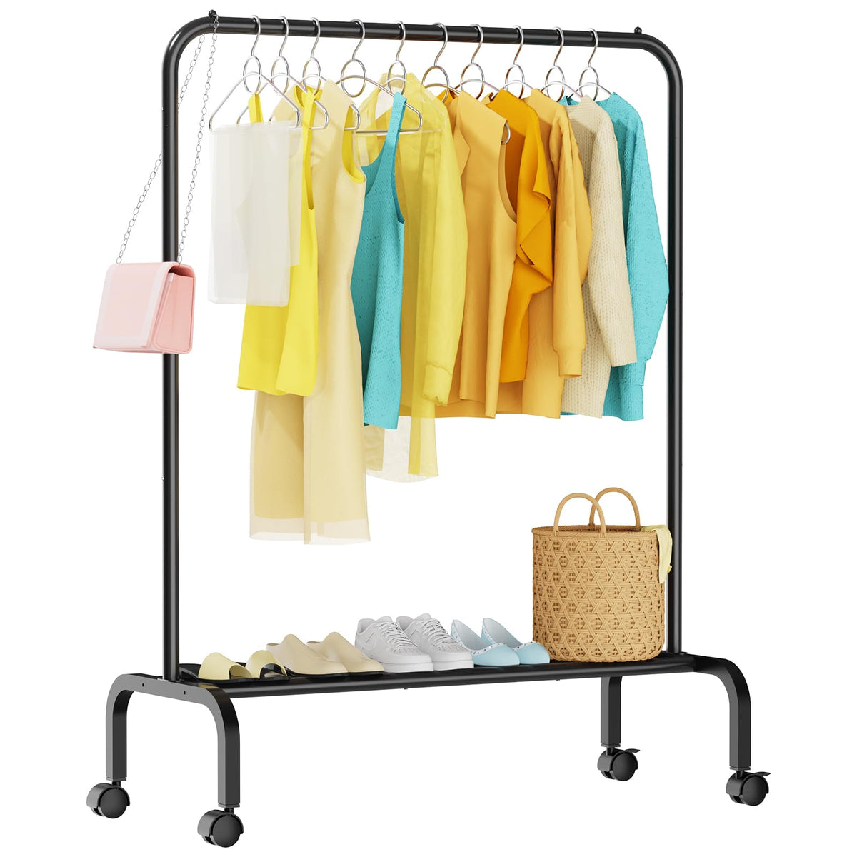 Starlatta rolling clothing rack front view showing compact, space-saving design