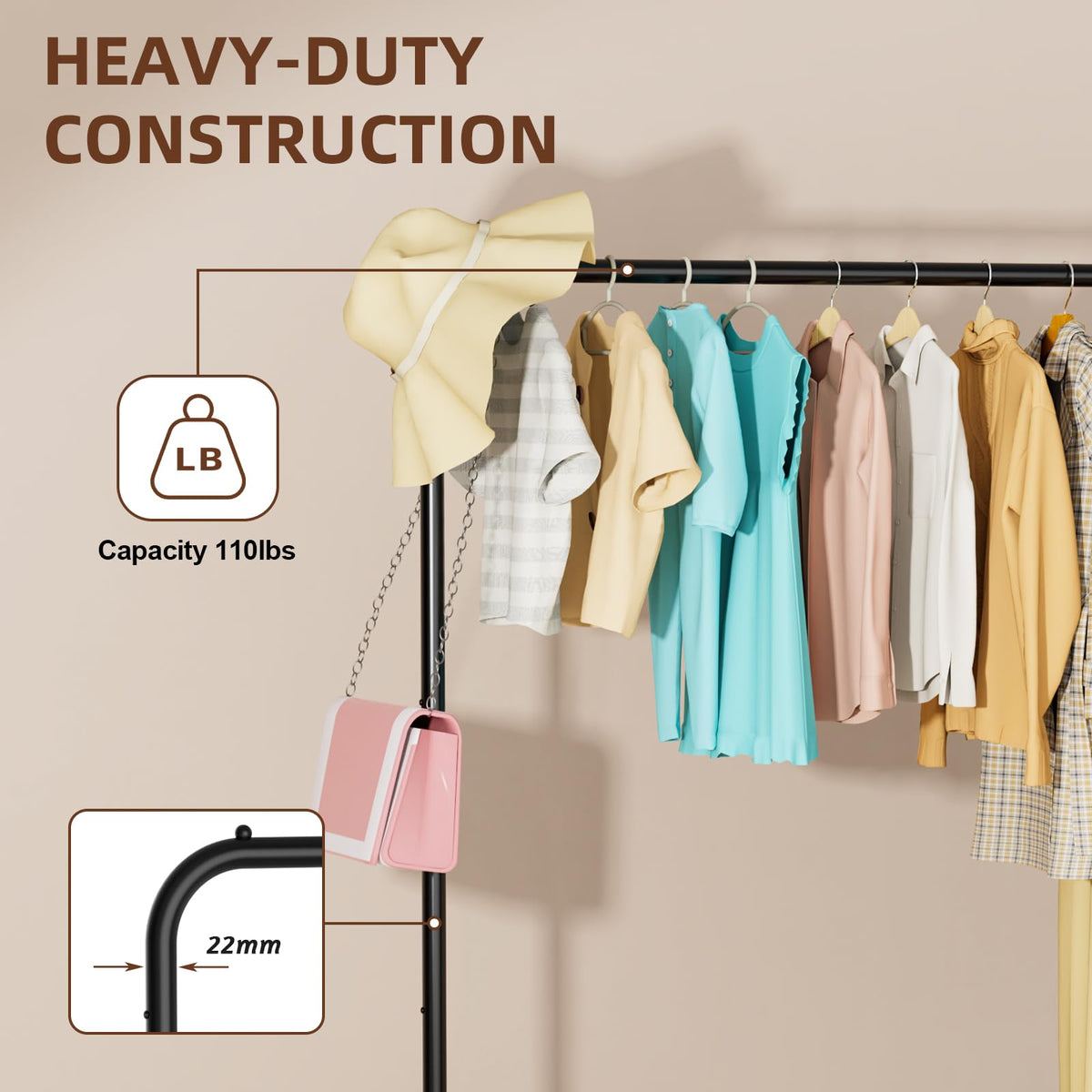 Starlatta rolling clothing rack with coats demonstrating hanging capacity
