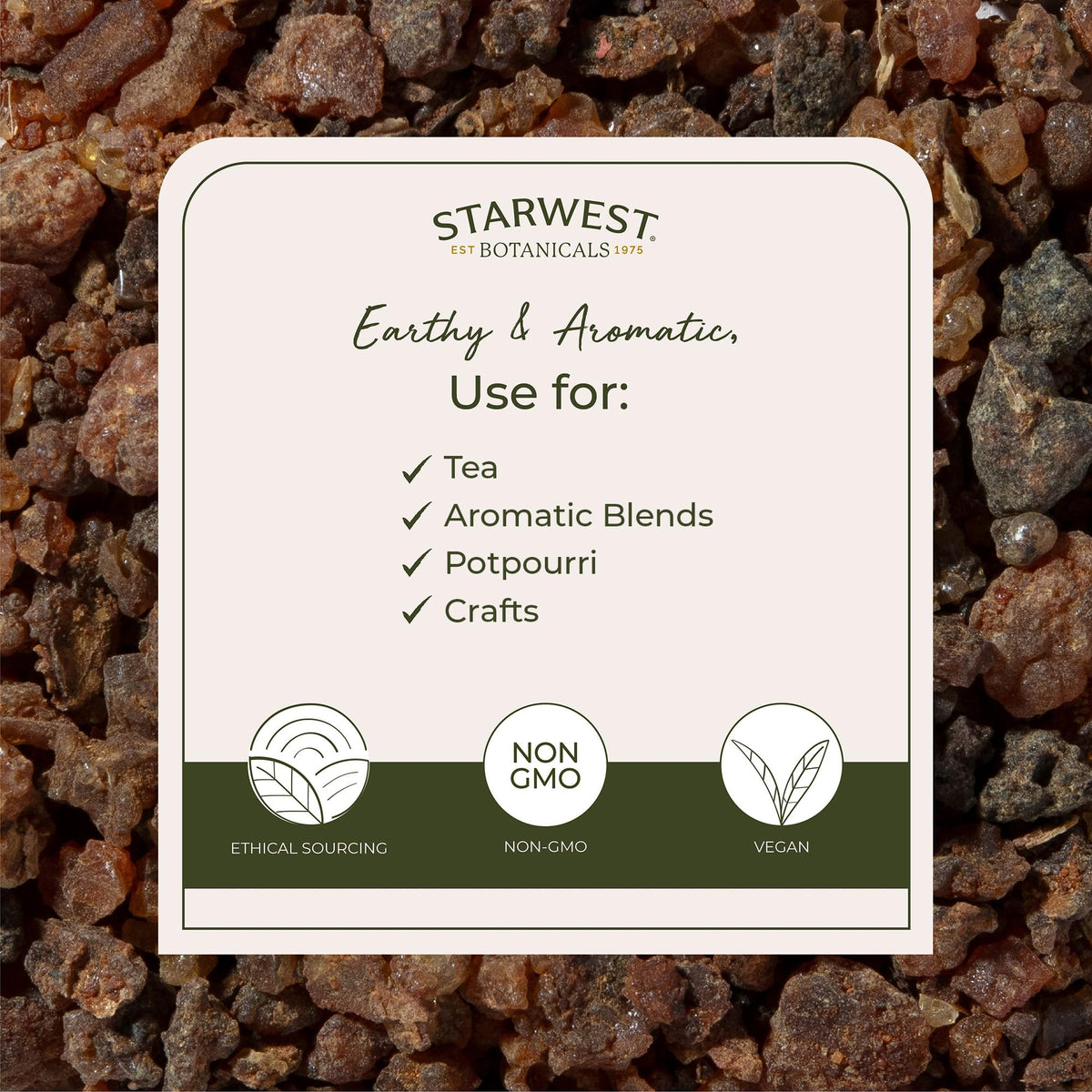 Starwest Botanicals Myrrh gum pieces aroma image suggesting aromatic infusion for oils and sachets.