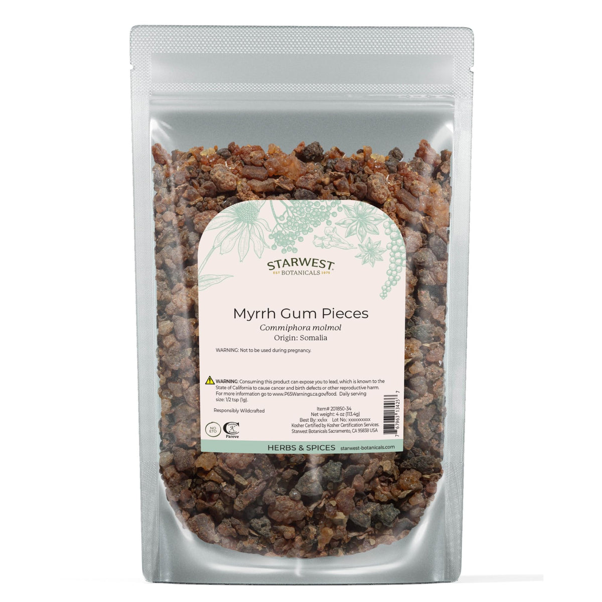 Starwest Botanicals Myrrh gum pieces pack for crafts and incense, fragrant and resinous.