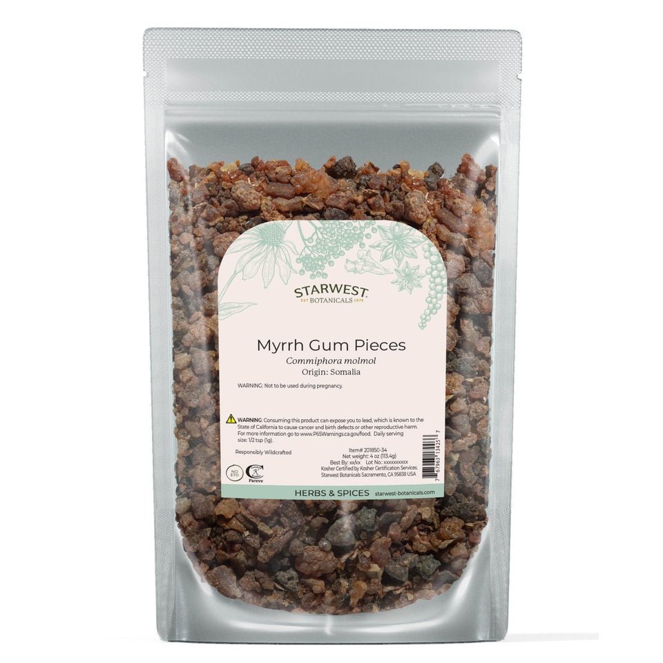 Starwest Botanicals Myrrh gum pieces pack for crafts and incense, fragrant and resinous.