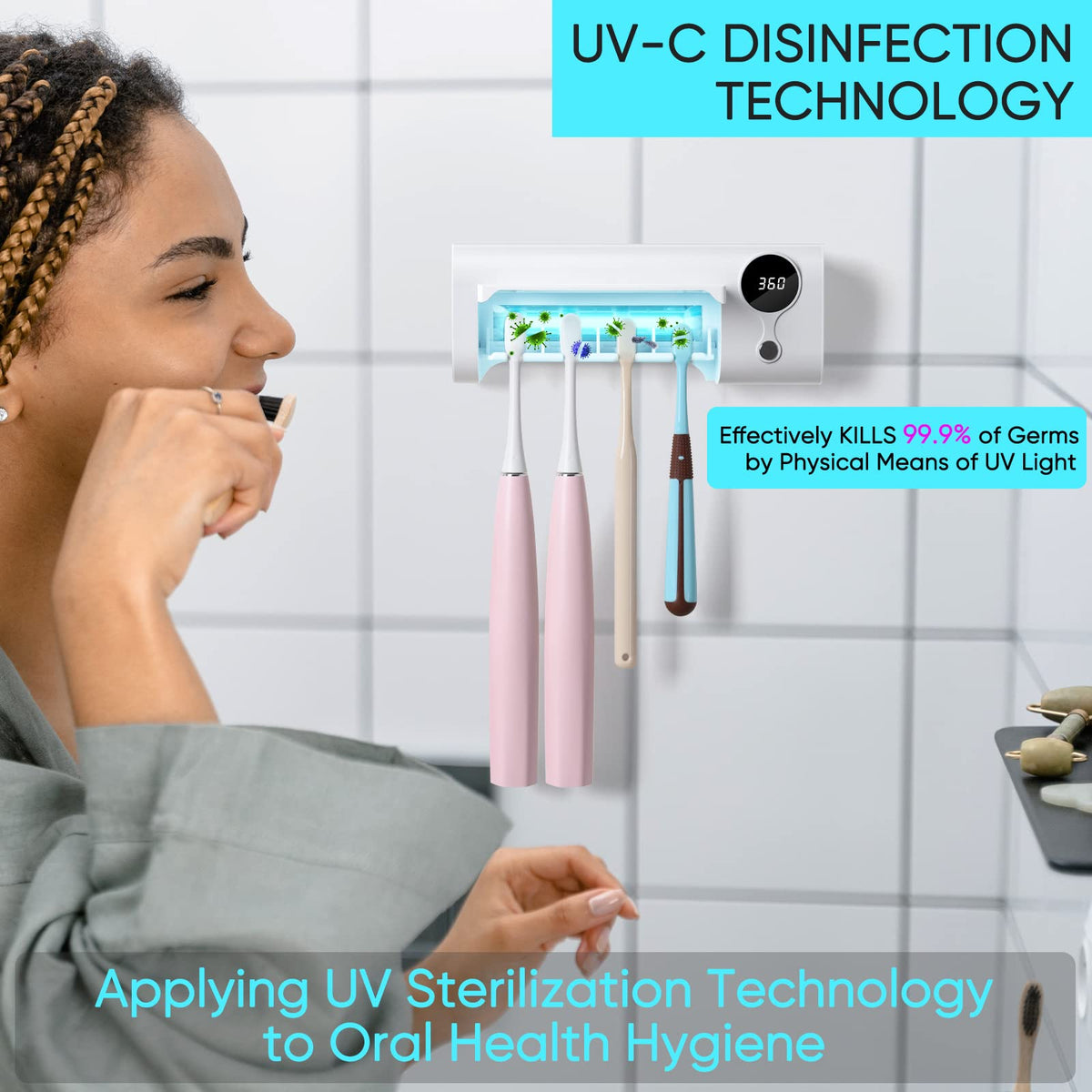 StarWin UV toothbrush holder rechargeable battery enables cordless use.