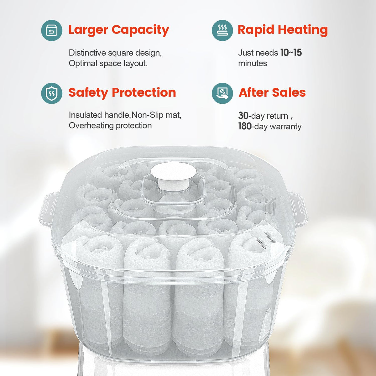 StateRiver square-design towel warmer fits six towels efficiently.