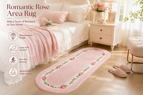 Stay Young rose-pattern rug beside bed adds soft touch for morning routines.