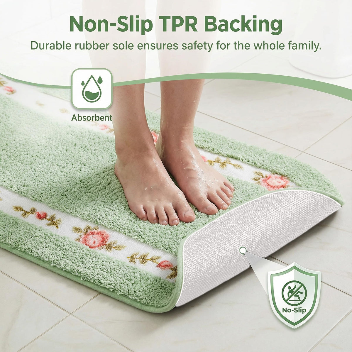 Stay Young Rose Rug kitchen mat demonstrates absorbent surface under prep spills
