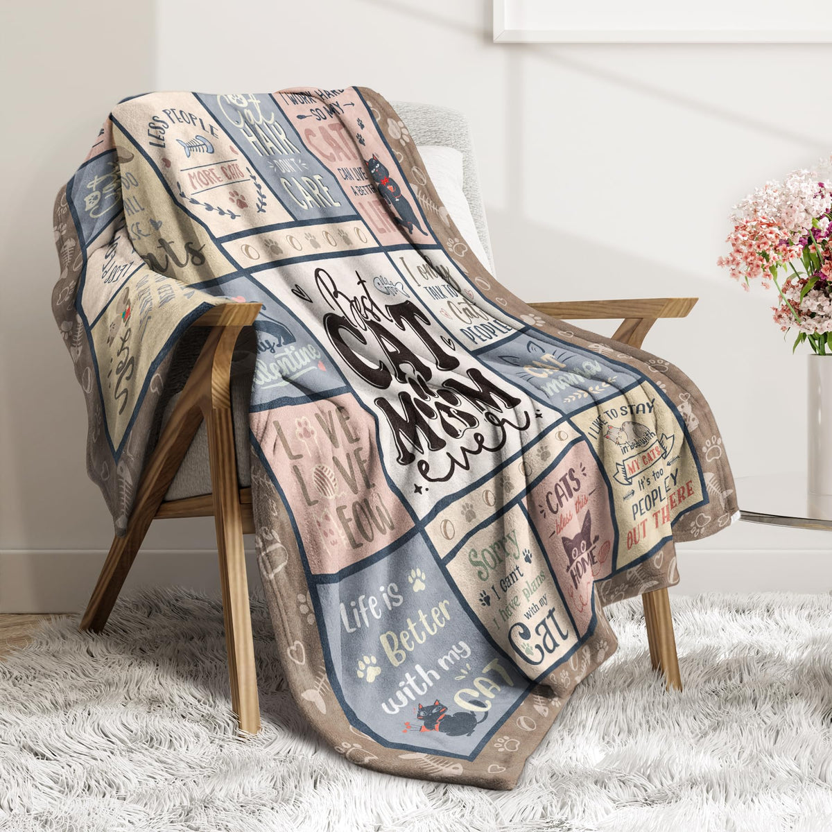 SteadStyle Cat Mom Gift blanket lounging with cat for daily comfort.