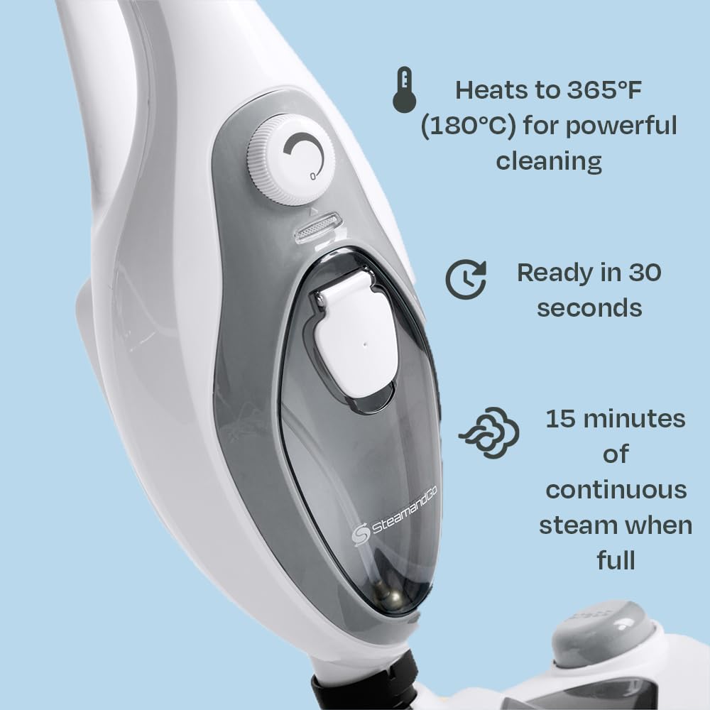Steam and Go 360-degree attachments reach grout, counters, and fabrics easily.