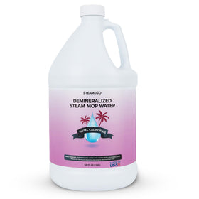 Steam & Go demineralized water bottle pour illustrates ready-to-use convenience for steam cleaning