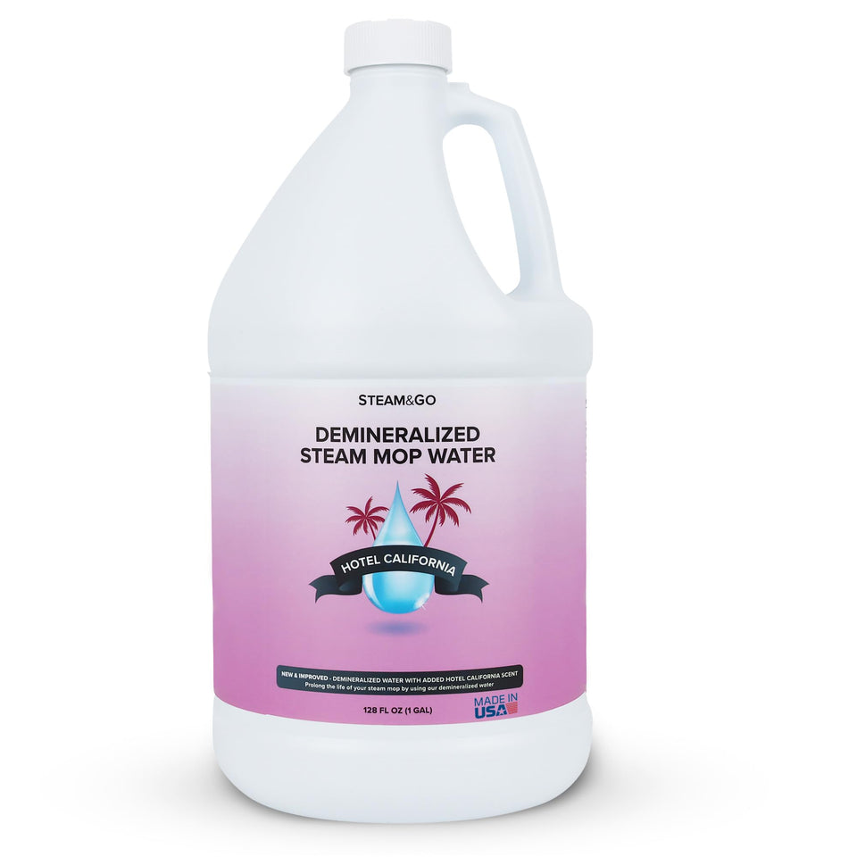 Steam & Go demineralized water bottle pour illustrates ready-to-use convenience for steam cleaning