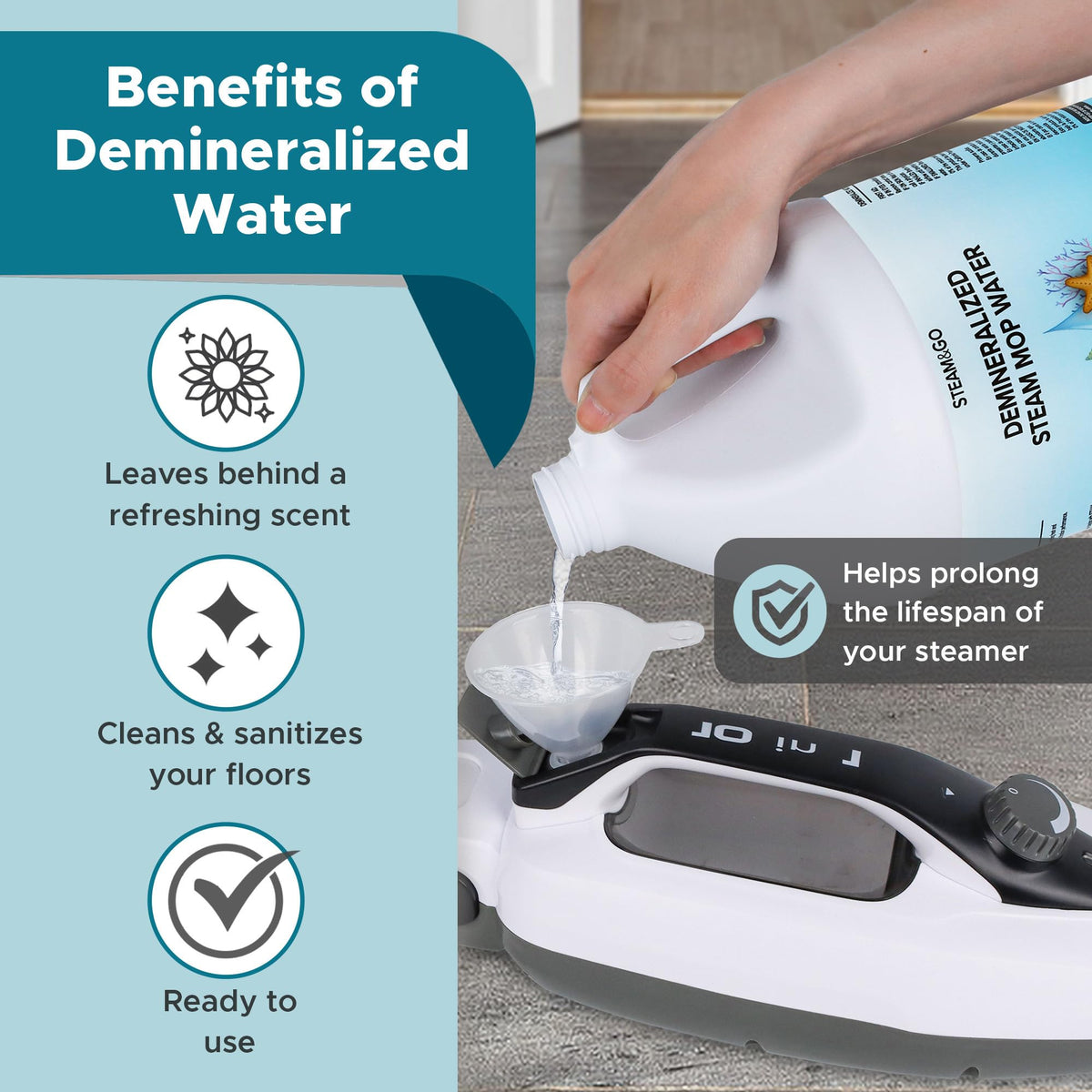 Steam & Go bottle highlights limescale prevention for better steam performance.