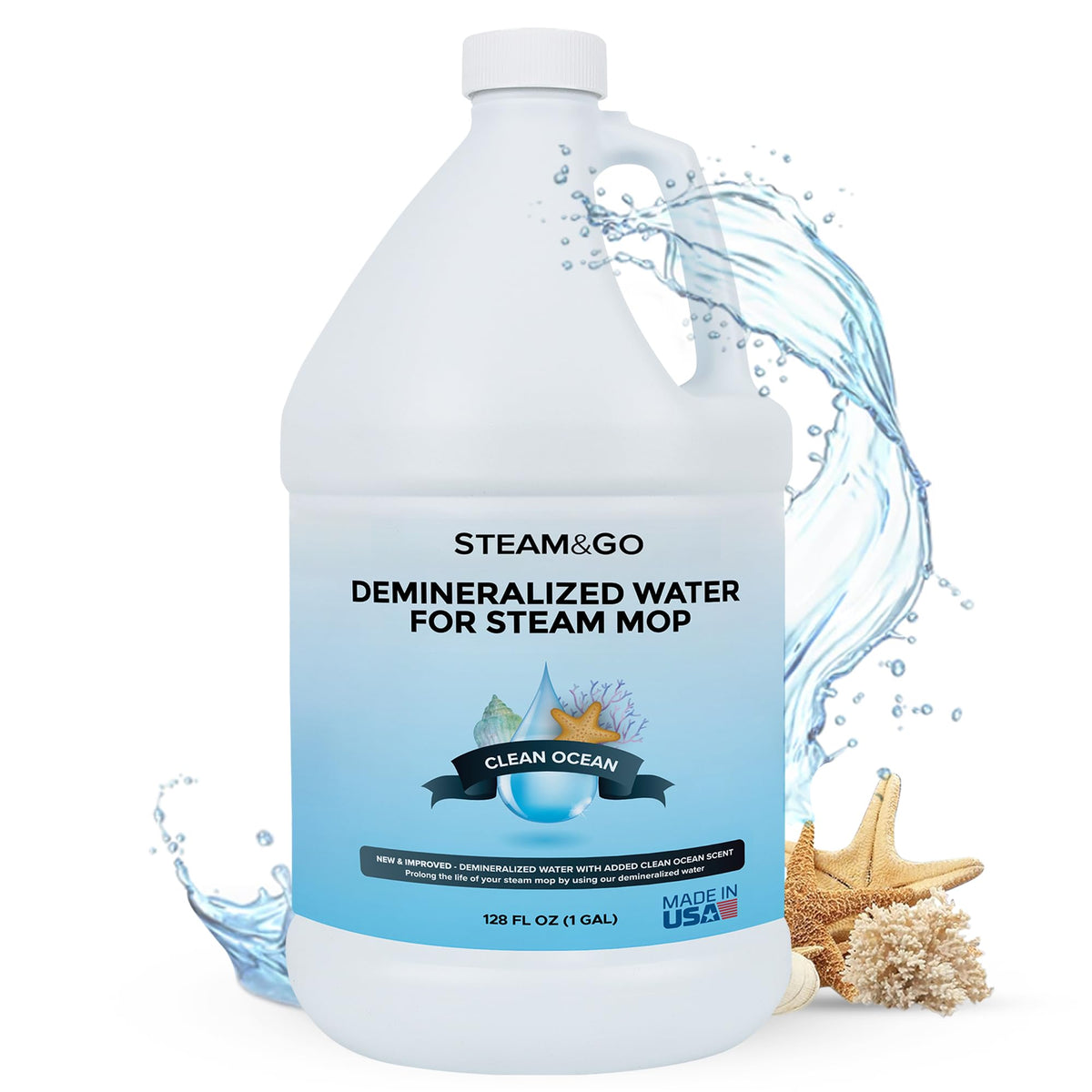 Steam & Go demineralized water bottle with ocean scent to help prevent mineral buildup.