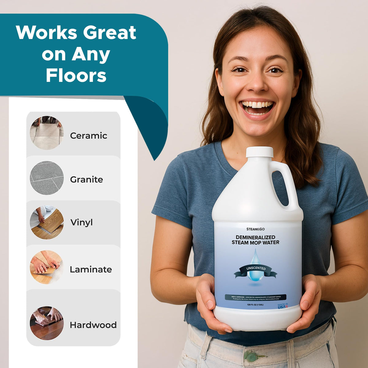 Steam and Go floor cleaning scene with streak-free results.