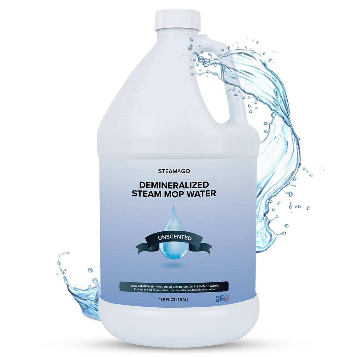 Steam and Go unscented demineralized water bottle for efficient steam cleaning.