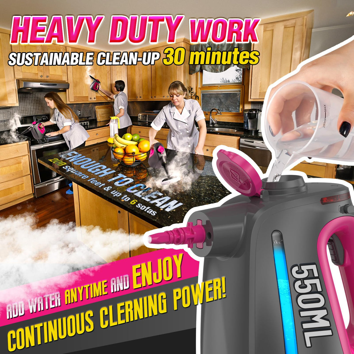 SteamFusion continuous steam flowing from the handheld cleaner for large surfaces