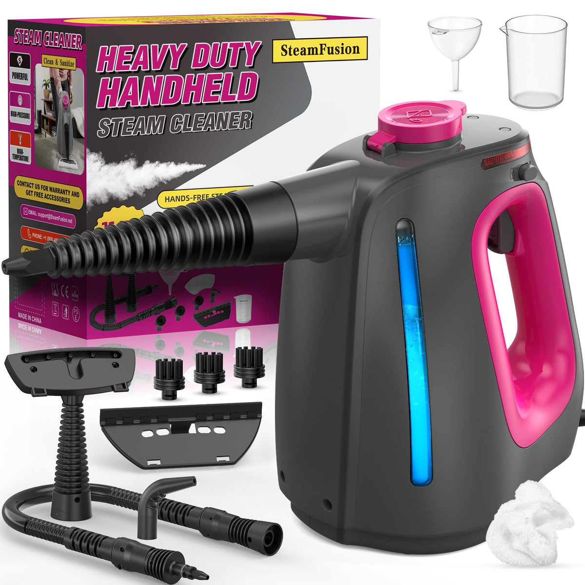 SteamFusion heavy-duty steam cleaner front view showing sturdy design and purple finish