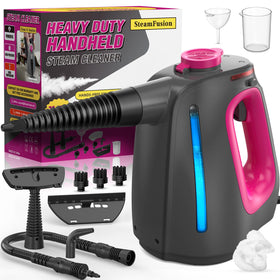 SteamFusion heavy-duty steam cleaner front view showing sturdy design and purple finish