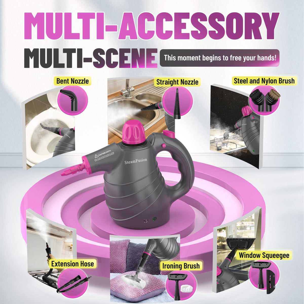 SteamFusion multi-surface steam cleaner suitable for car, kitchen, and home tasks.