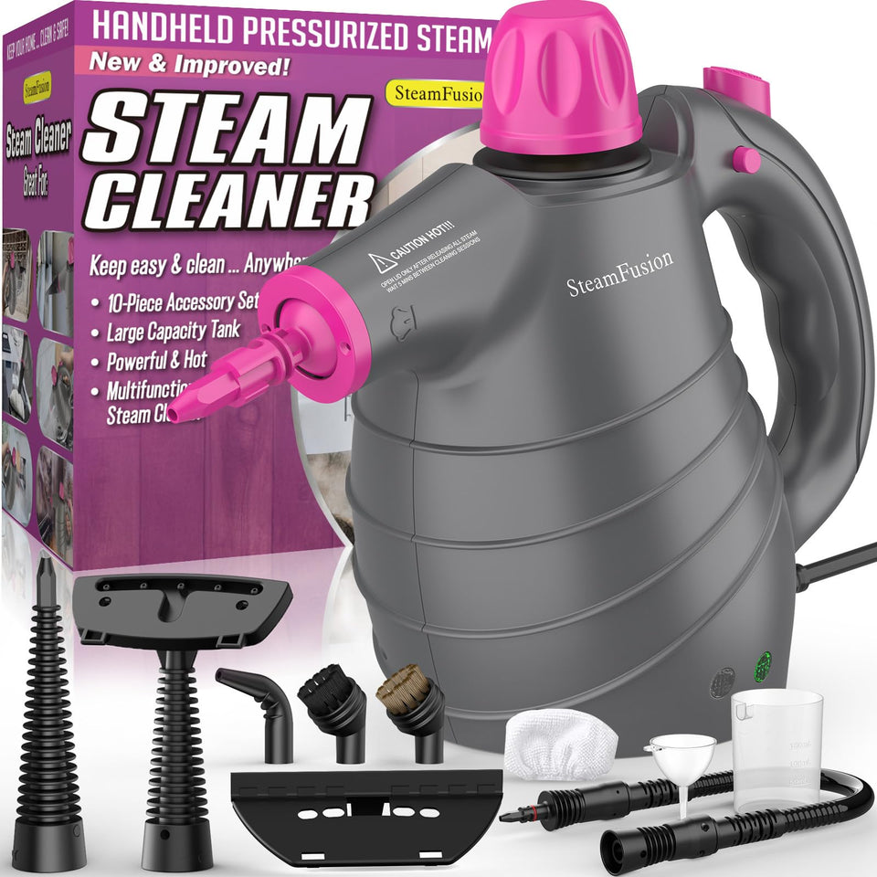 SteamFusion pressurized handheld steam cleaner in action for chemical-free cleaning.