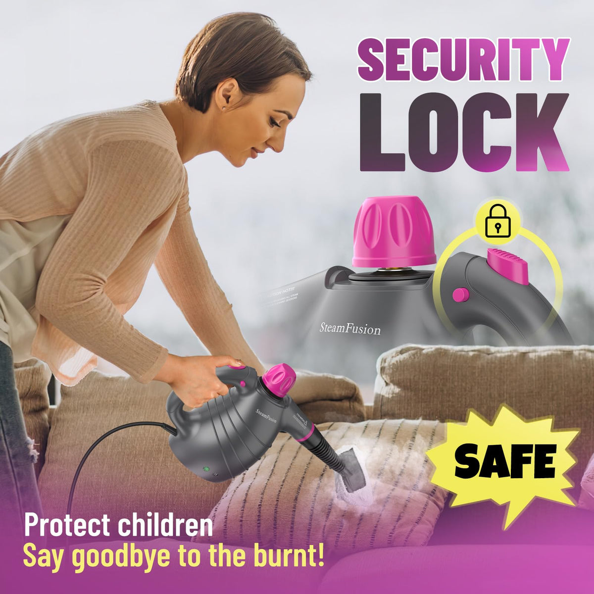 SteamFusion safety lock feature ensures secure operation during use.