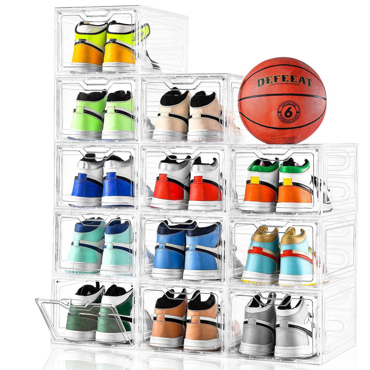 Stebopum 12-pack clear shoe boxes with magnetic front door for quick visibility.