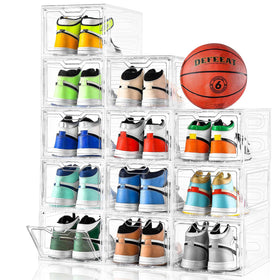 Stebopum 12-pack clear shoe boxes with magnetic front door for quick visibility.