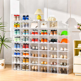 Stebopum stackable clear shoe boxes made of durable plastic for organized closets.