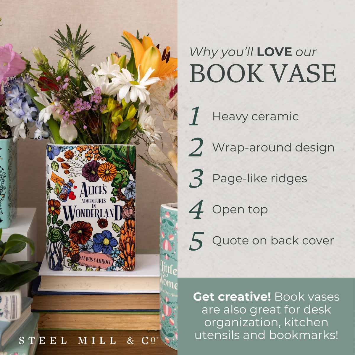 STEEL MILL AND CO book vase side profile reveals ribbed pages