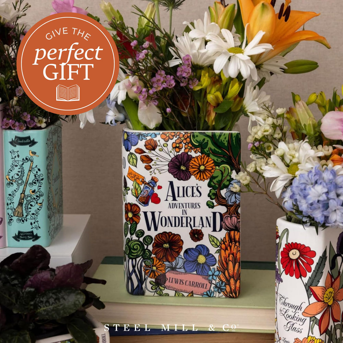 STEEL MILL AND CO bookish decor on a shelf adds whimsy and focus