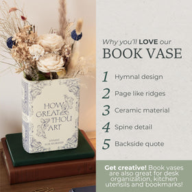 Hymnal-inspired artwork on the vase with bookish decor vibe