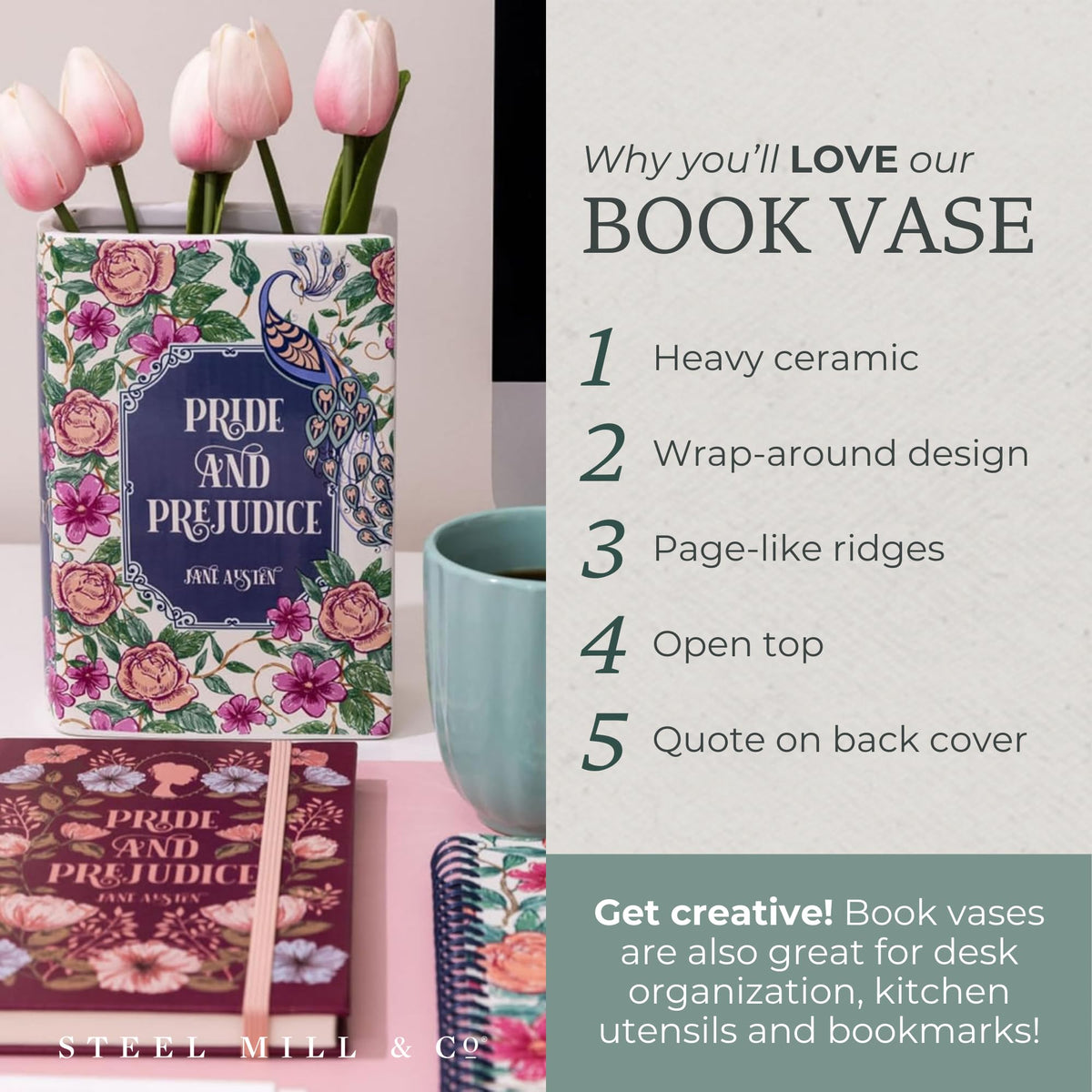 Back quote and wrap-around design highlight literary vibes on a living room shelf.