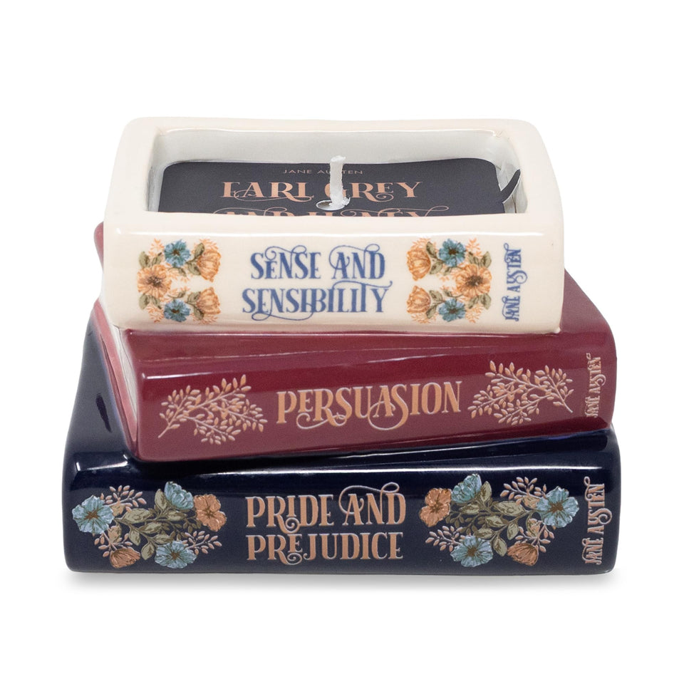 STEEL MILL AND CO Library Stack candle showcases Jane Austen books for cozy reading corners.