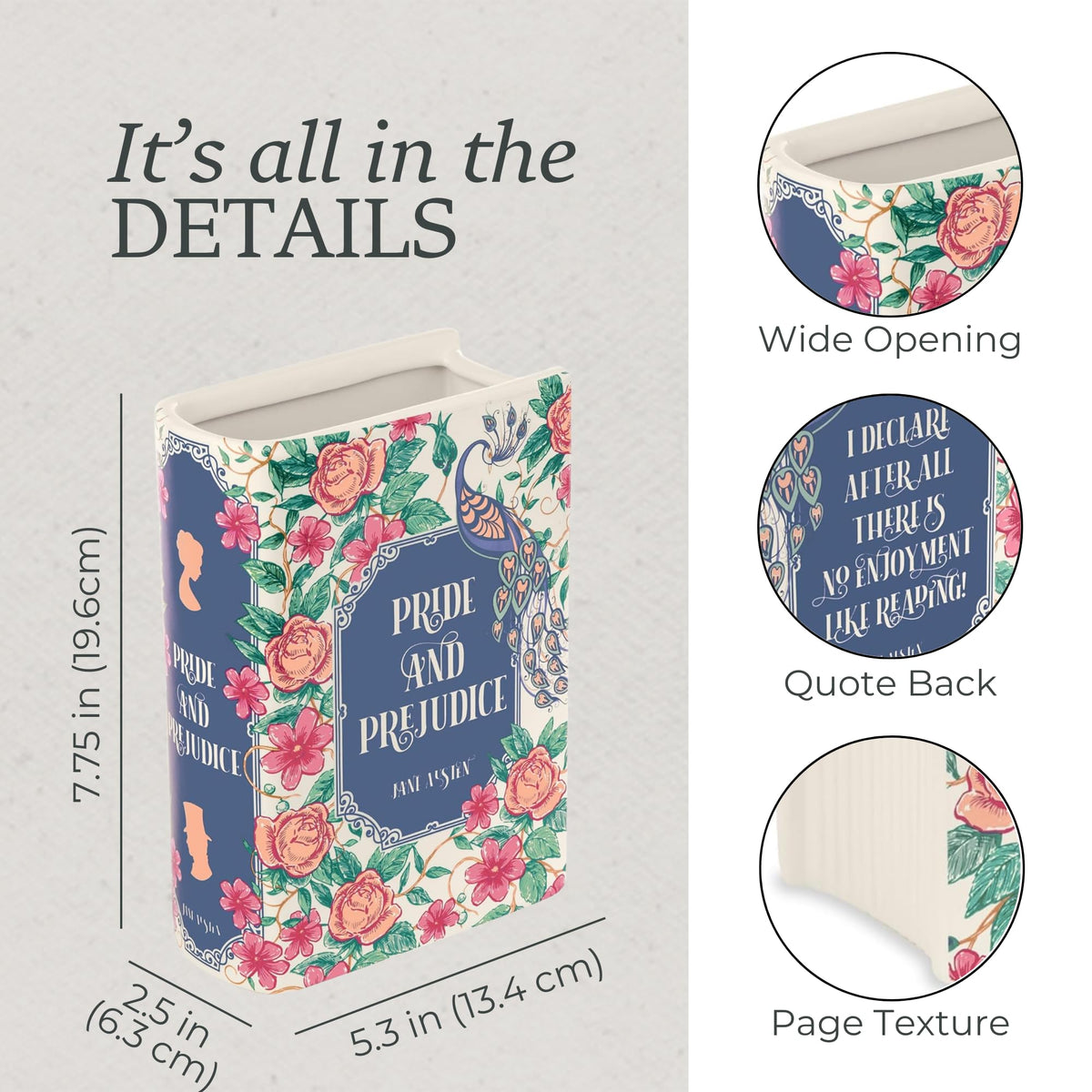 Top-down view showing Pride and Prejudice-inspired cover art on the vase.