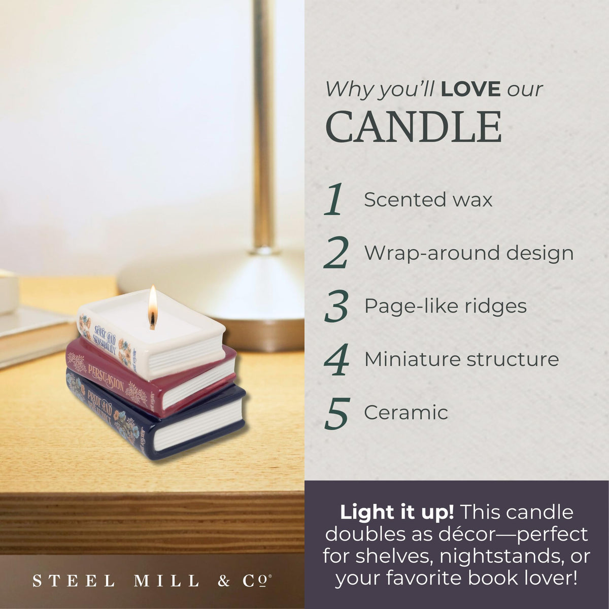 STEEL MILL AND CO Sense and Sensibility cover candle evokes timeless ambiance.