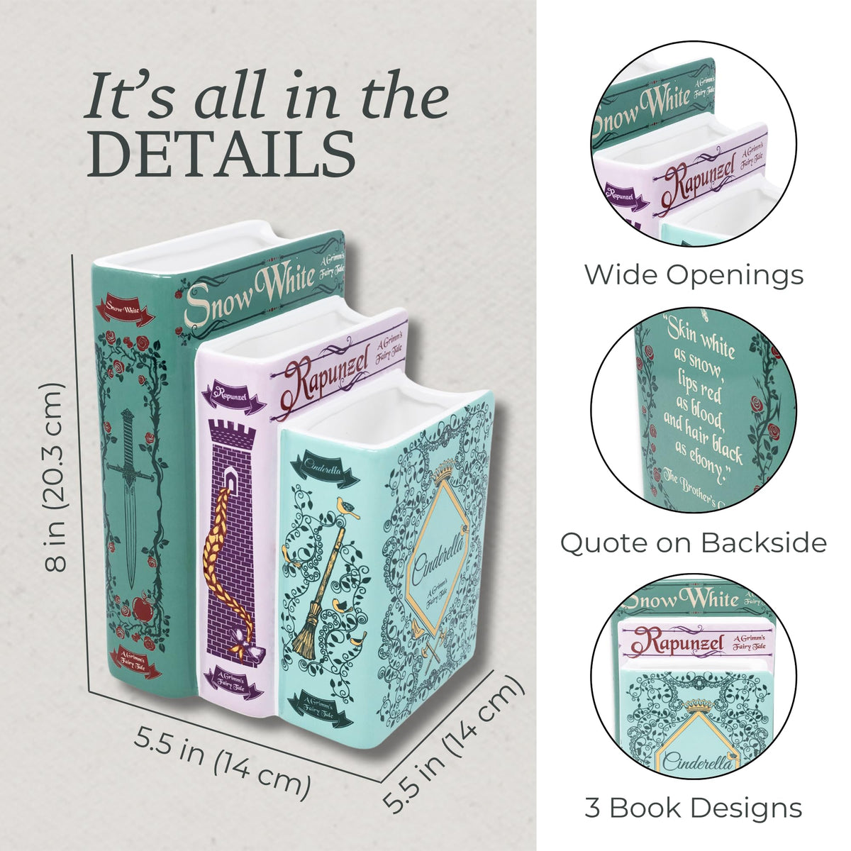 Steel Mill & Co Grimm's Fairy Tales artwork on vase sides for literary flair.