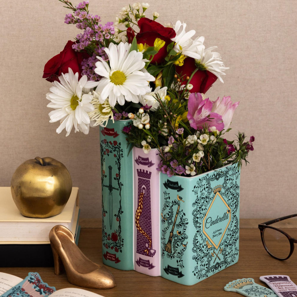 Steel Mill & Co triple book vase on desks or shelves as a unique organizer.