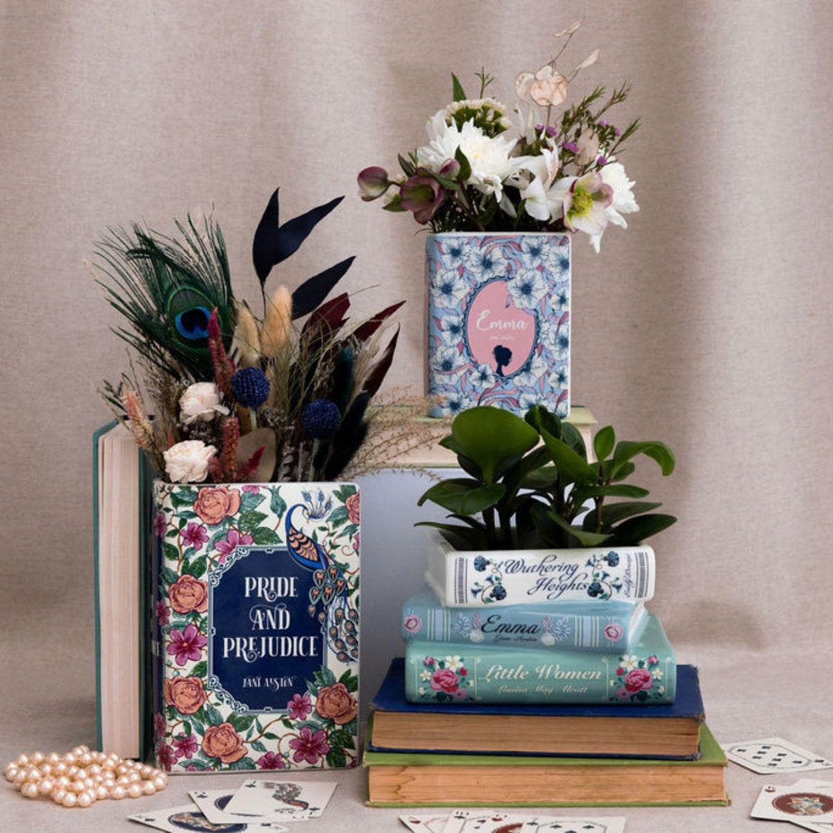 Vase displayed on a bookshelf with books for literary flair.