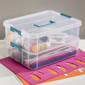 Adjustable dividers in Sterilite 1427CLR create 24 compartments for items.